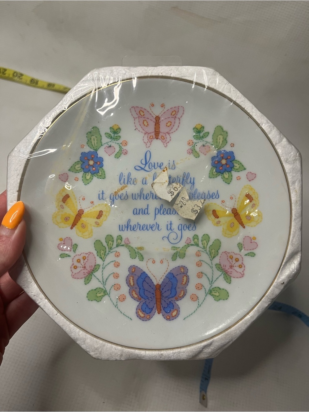 VTG Butterfly Floral Decorative Plate - Pastel Yellow, Pink, Blue new old stock